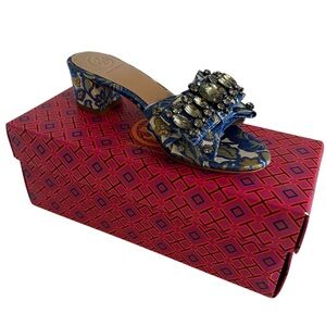 Tory Burch "Valentina" Blue Floral Tapestry/Rhinestone Bow Slide 6 NIB